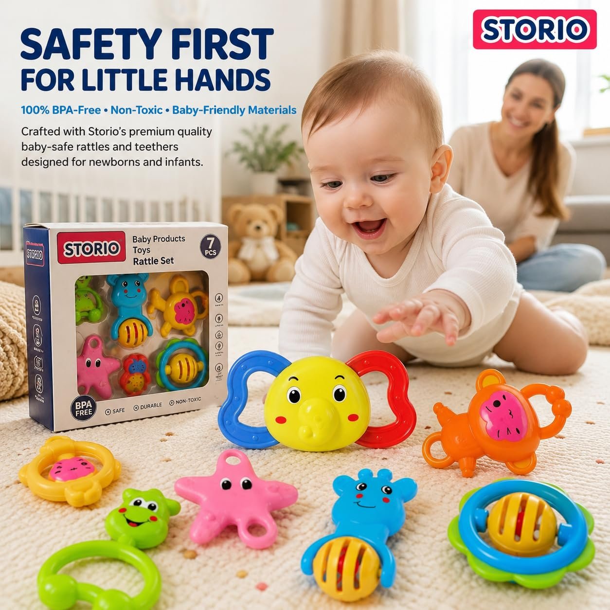 Baby Products Toys 7 Pcs Rattle Set with Teathers for New Born Baby Gifts, Toy for Babies, Non-Toxic - Image 4