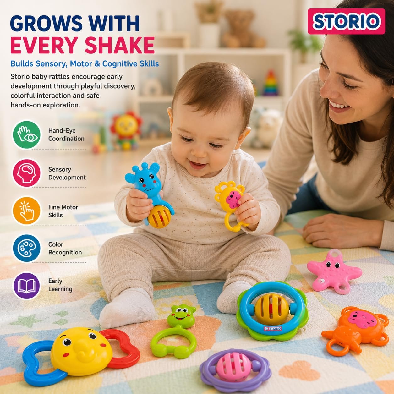 Baby Products Toys 7 Pcs Rattle Set with Teathers for New Born Baby Gifts, Toy for Babies, Non-Toxic - Image 2