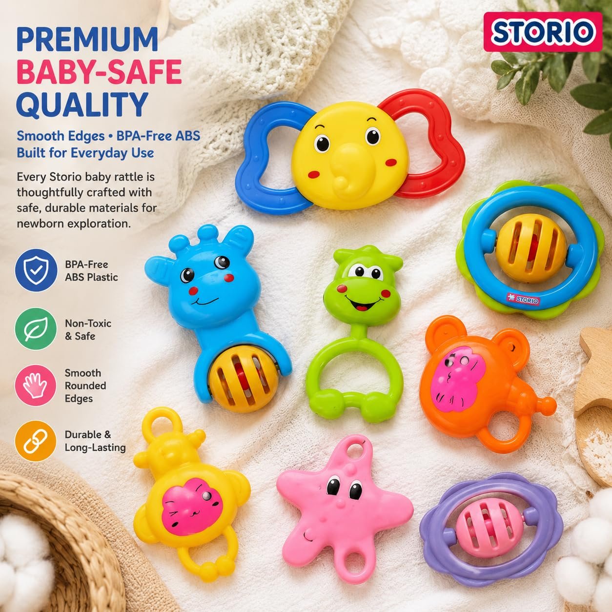 Baby Products Toys 7 Pcs Rattle Set with Teathers for New Born Baby Gifts, Toy for Babies, Non-Toxic - Image 3